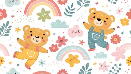 Fototapeta premium colorful seamless pattern for kids with funny teddy bears 