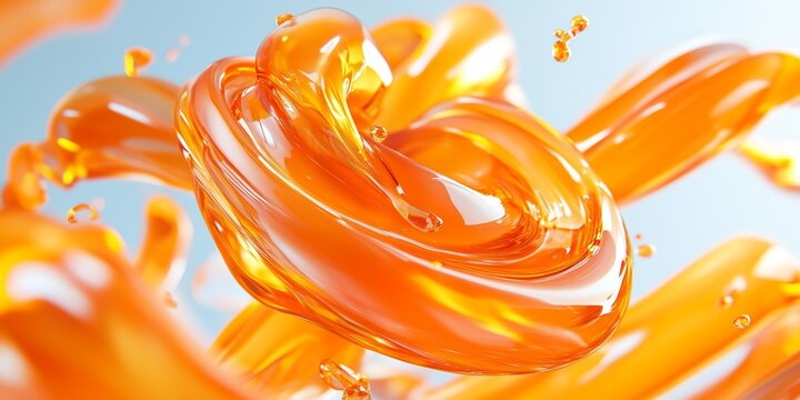 Abstract orange glossy liquid-like loops splashing and twisting dynamically against a bright background, representing energy, motion, and fluid creativity