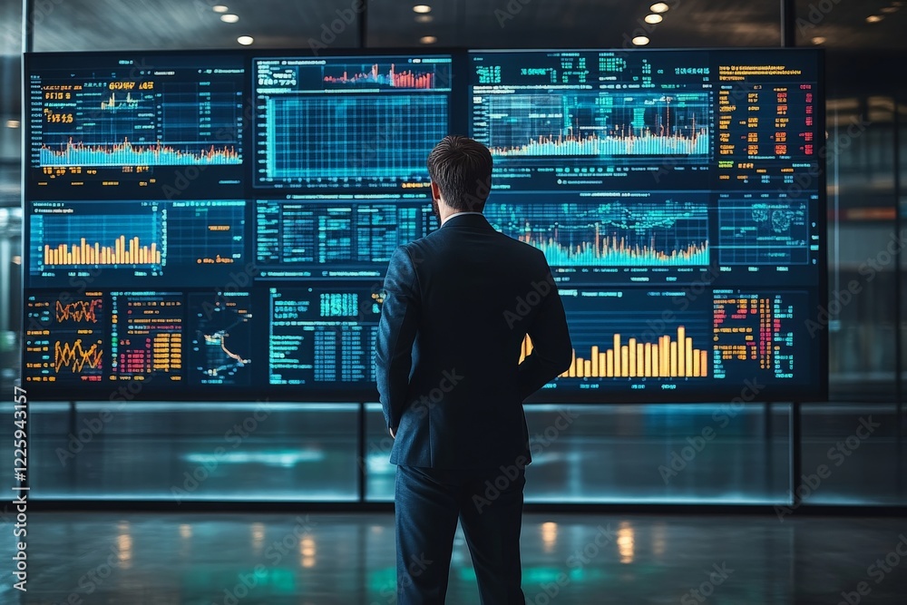 Aufkleber business professional analyzes data on large digital screens in a modern office environment during d