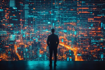 Business professional observes digital cityscape filled with bright lights and data overlays at night