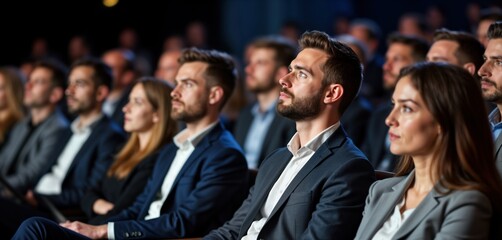 Attentive audience members listen intently to speaker at pro conference. Business professionals focused on presentation. People engaged in learning environment. Lecture in progress. People actively