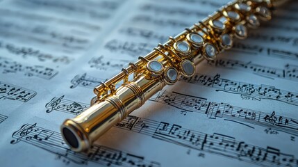 Golden Flute Resting Upon Musical Sheet Music