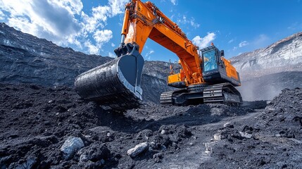 Large orange excavator digs coal in an open-pit mine under a bright blue sky.