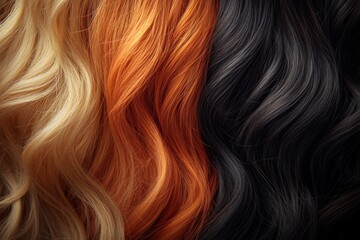 Fototapeta premium Vivid display of three different hair colors showcasing texture and shine under soft lighting