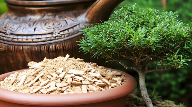 Bonsai Tree with Wood Chips in Clay Pot Gardening