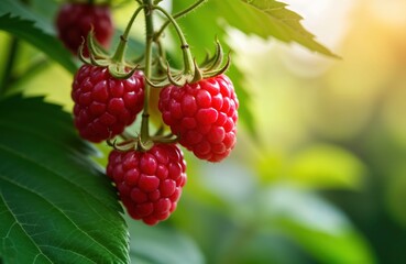 Close up of ripe raspberries hanging on plant in garden. Healthy red berries in focus. Green leaves surround. Sunny outdoor setting suggests summer harvest. Ideal for food related sites, agriculture