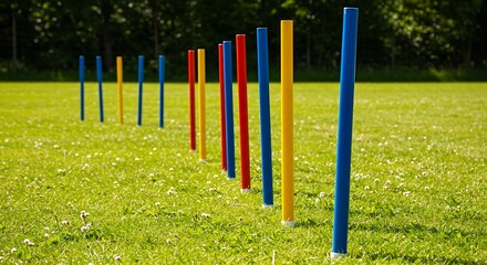 Fototapeta premium Colorful dog agility training course outdoor. Blue, yellow, red poles.