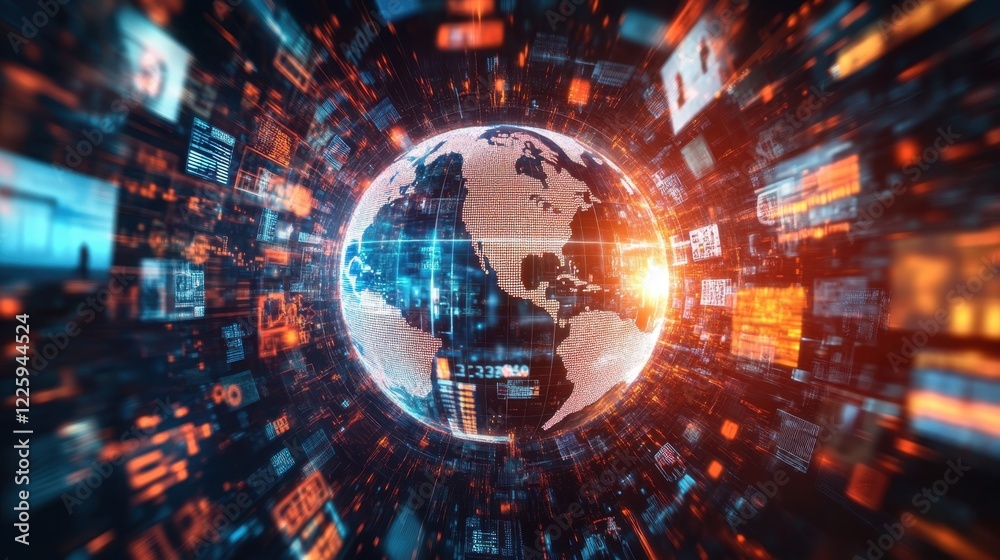 Poster global digital data is being processed and transferred around planet earth, creating a futuristic an