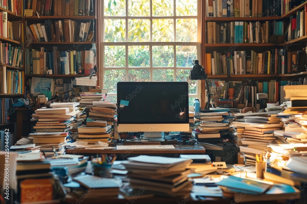 Poster cluttered workspace filled with books and papers in a cozy library environment during daylight