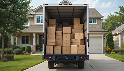 Full Moving Truck Loaded with Cardboard Boxes Parked in Front of a Suburban Home