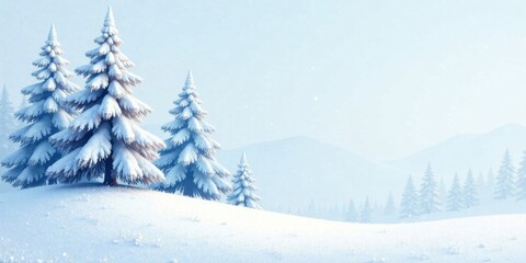 Fototapeta premium Serene Winter Landscape Featuring Snow-Covered Evergreen Trees on a Gently Rolling Hill Under a Soft, Light Blue Sky