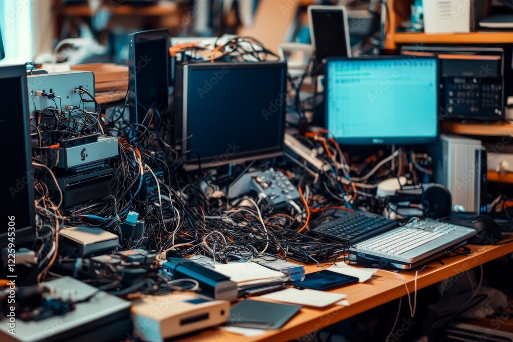 Poster Messy workspace filled with tangled wires, multiple computer monitors, and various electronic devices in a busy tech environment