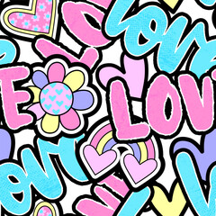 Abstract seamless chaotic pattern with word "love, flower, rainbow. Bright vector background. Cute Wallpaper for girls.