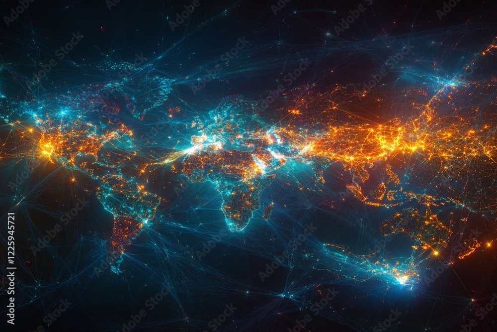 Aufkleber Visual representation of global connectivity highlights urban areas and transportation networks across continents