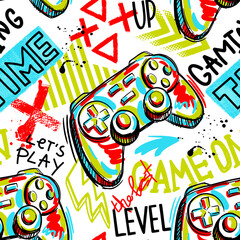 Seamless abstract pattern with joystick game and graffiti words. Bright colorful  vector Print for boys.