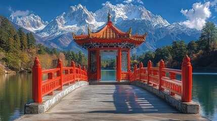 Obraz premium Serene Chinese Pavilion Bridge, Majestic Mountain Backdrop