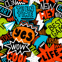 Abstract seamless chaotic pattern with graffiti words. Bright neon Grunge texture background. Wallpaper for boys Fashion urban  style
