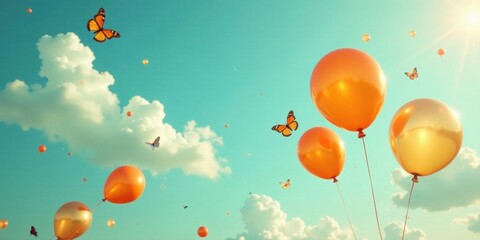 Fototapeta premium A whimsical scene of buoyant balloons and fluttering butterflies soaring against a vibrant sky