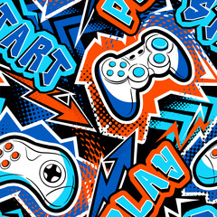 Seamless abstract pattern with joystick game and graffiti words. Bright colorful  vector Print for boys.