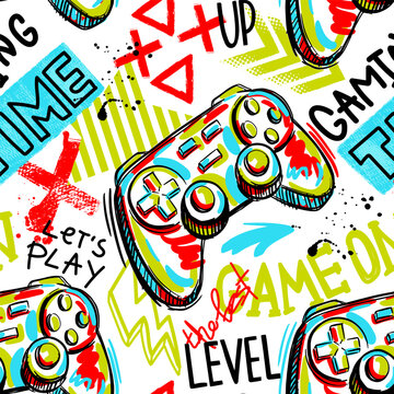 Seamless abstract pattern with joystick game and graffiti words. Bright colorful  vector Print for boys.