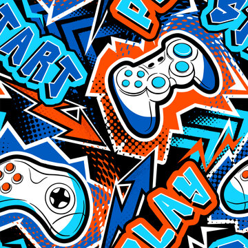 Seamless abstract pattern with joystick game and graffiti words. Bright colorful  vector Print for boys.