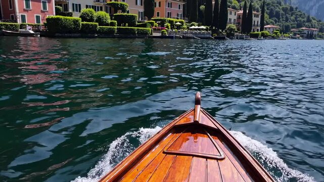 Picturesque villas and lush greenery line the shores of Lake Como as a traditional wooden boat glides across the serene waters, creating a sense of peaceful exploration