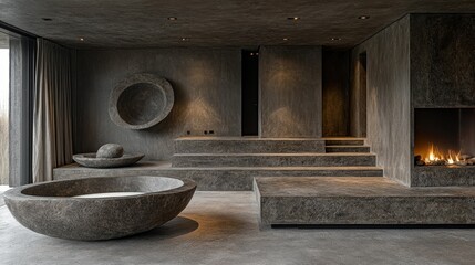 Serene Stone Spa: A sanctuary of tranquility with minimalist design and natural materials, featuring a stone bath, fireplace, and textured walls.