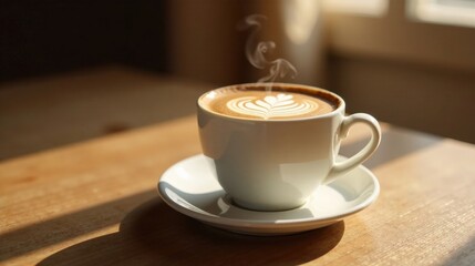 Fototapeta premium Aromatic Coffee in Sunlight Warm, inviting beverage with delicate latte art, steam rising, sitting on a wooden table bathed in natural light.