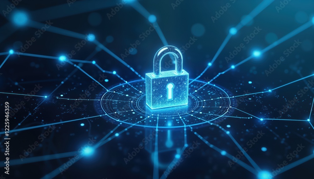 Aufkleber digital padlock illustration. tech network security concept. glowing lock on dark blue tech backdrop