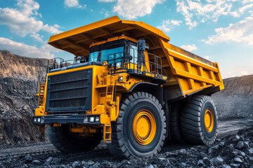 Large yellow dump truck working in a quarry under a blue sky with clouds