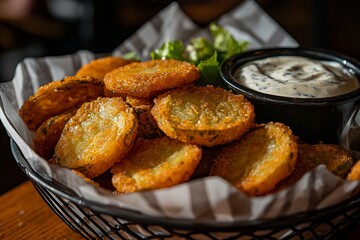 Crispy fried pickles served in a basket with dipping sauce and garnished with lettuce in a restaurant