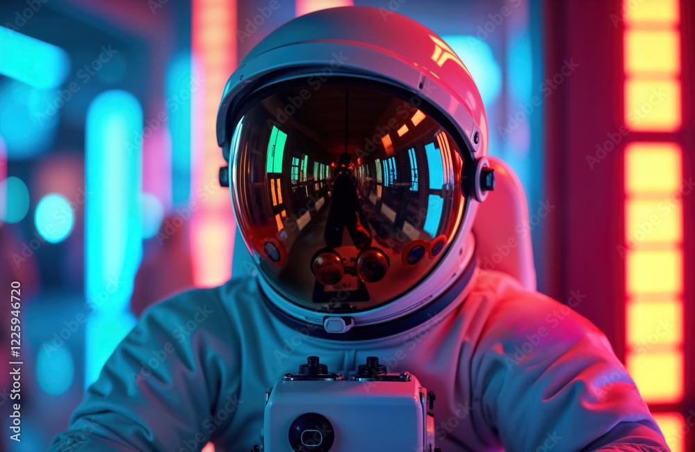 Aufkleber Astronaut in futuristic space suit with reflective helmet visor. Neon lights illuminate space environment. Tech advanced space exploration scene. Person in astronaut suit exploring virtual cosmos.