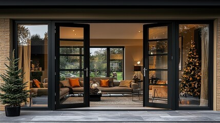 Modern Home Interior with Christmas Tree Through Glass Doors