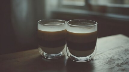 Layered Coffee Drinks in Glass Cups on Wooden Table