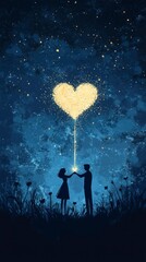 Obraz premium Loving Couple Wishing on Heart-Shaped Starry Night