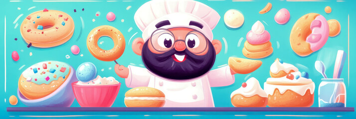 Joyful Baker with an Array of Delicious Treats: A Whimsical Illustration