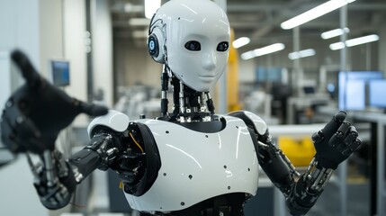 Fototapeta premium AI management work robots on factory. Humanoid robot with artificial intelligence or AI controls robotics arms on factory or manufacture. Industry 4.0. AI technology in industrial revolution. Concept