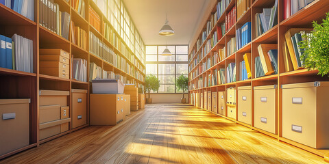 Fototapeta premium A spacious hallway lined with neatly arranged files and storage boxes in a contemporary office or archive environment.