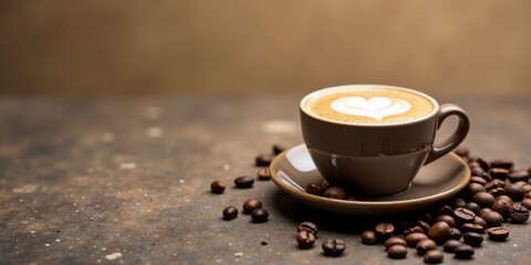 Aromatic Coffee Cup with Latte Art and Roasted Beans on Rustic Surface