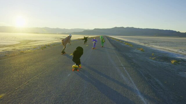 Sunset glow on desert road as camera follows group in funny costumes longboarding