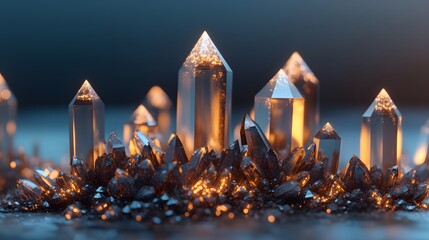 Glowing Crystal Cluster, Sparkling Gemstones, Illuminated Minerals, Digital Art