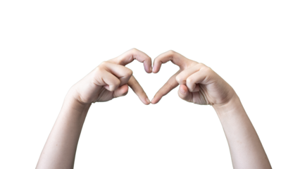 Double hand heart gesture on a clean white background, symbolizing unity, care, love, and emotional harmony with a minimalist and abstract concept in a serene and peaceful setting.