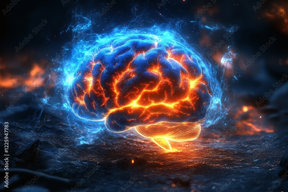 Poster stunning visualization of a brain with fiery and electric energy in a dark, abstract background