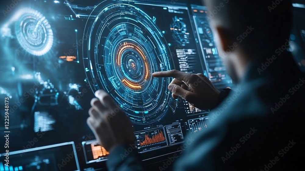 Poster Software developer is using a futuristic computer interface