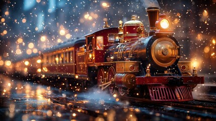 Obraz premium A Magical Winter Train Journey: Enchanting Steam Locomotive in a Snowy Night