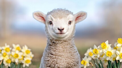 Naklejka premium Cute baby lamb standing in a spring meadow surrounded by yellow daffodil flowers.