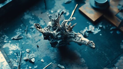 Naklejka premium Artistic Driftwood on Blue Surface, Dark Moody Still Life Photography