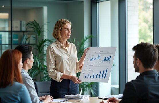 Mature business woman explains project details during office meeting. Colleagues listen attentively. Team discusses business details. Modern office setting. Professional business meeting in progress.