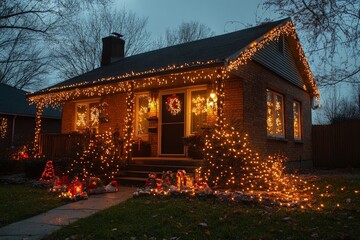 Festively decorated house illuminated with lights and ornaments during the holiday season in a serene evening setting