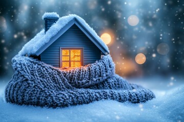 Cozy winter scene of a small house wrapped in a knitted scarf, surrounded by soft snow and glowing lights